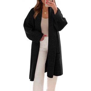 Black Chunky Knit Coatigan for Women - Stylish Open Front Cardigan with Pockets